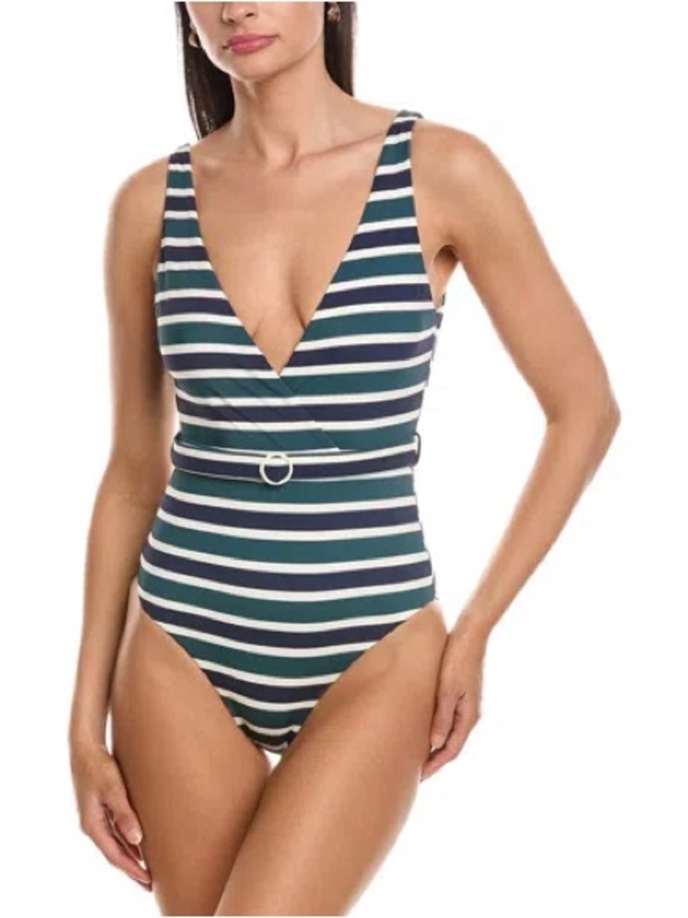 Onia Michelle Striped Deep V Belt One-Piece Swimsuit - Navy & Green